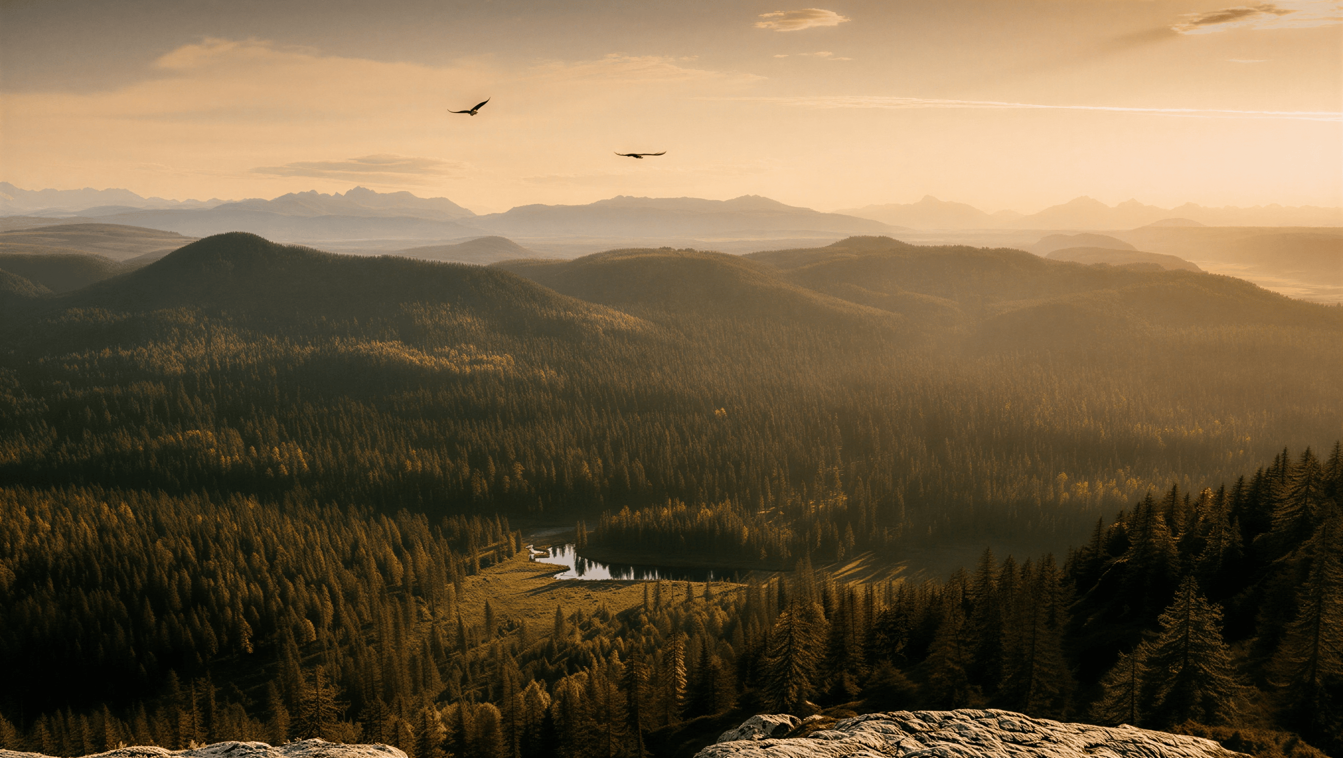 Mountain landscape with camping tent at sunset